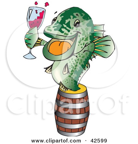 Clipart Illustration of a Green Fish Emerging From A Barrel And Holding A Glass Of Red Wine by Dennis Holmes Designs