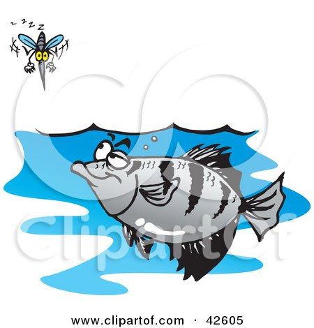 Clipart Illustration of a Mosquito Diving Down Right Above A Hungry Fish by Dennis Holmes Designs