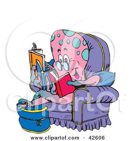 Clipart Illustration of a Relaxed Octopus Reading Multiple Books In An Arm Chair by Dennis Holmes Designs