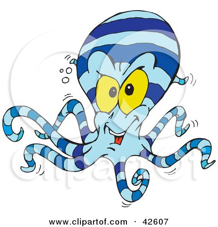 Clipart Illustration of a Blue Striped Octopus With Yellow Eyes by Dennis Holmes Designs