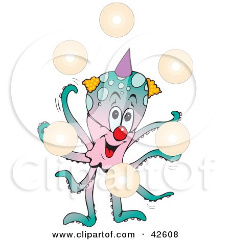 Clipart Illustration of a Bubble Juggling Clown Octopus by Dennis Holmes Designs