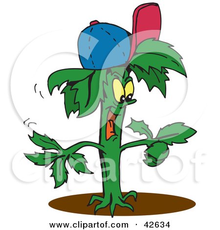 Clipart Illustration of a Happy Green Plant Wearing A Baseball Cap And Pointing by Dennis Holmes Designs