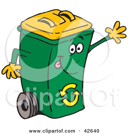 Clipart Illustration of a Waving Friendly Green Recycle Bin With A Yellow Lid by Dennis Holmes Designs