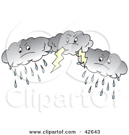 Clipart Illustration of Three Dark Rain And Lightning Storm Clouds by Dennis Holmes Designs