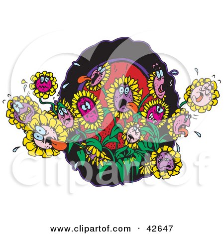 Clipart Illustration of a Group Of Hot, Thirsty Flowers Struggling In A Hot Garden by Dennis Holmes Designs
