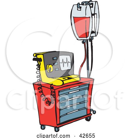 Clipart Illustration of a Red And Yellow Medical Crash Cart With Intravenous Fluids by Dennis Holmes Designs