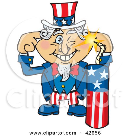 Clipart Illustration of Uncle Sam Plugging His Ears And Lighting Fireworks by Dennis Holmes Designs