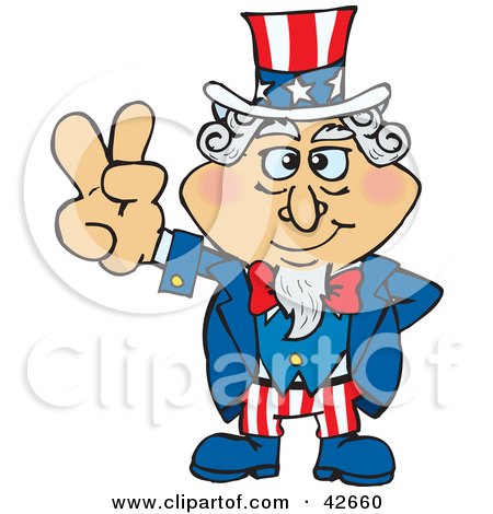 Clipart Illustration of Uncle Sam With One Hand Behind His Back, Gesturing The Peace Sign by Dennis Holmes Designs