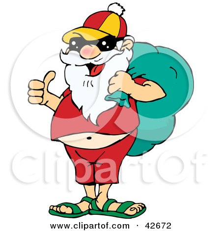 Clipart Illustration of Santa Dressed In Relaxed Clothes And Sunglasses, Carrying His Sack On His Shoulder by Dennis Holmes Designs