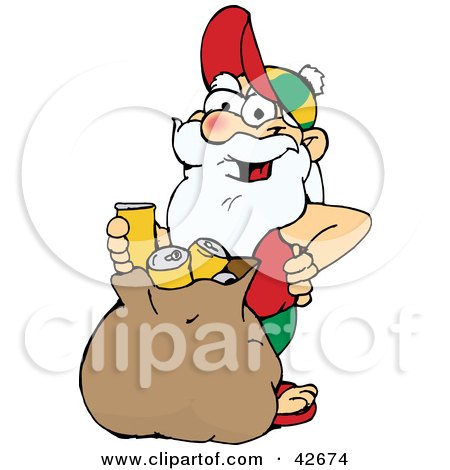 Clipart Illustration of a Casual Santa Standing With A Sack Full Of Tin Cans For Recycling by Dennis Holmes Designs