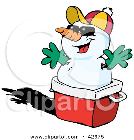 Clipart Illustration of a Snowman Resting On A Red Ice Chest by Dennis Holmes Designs