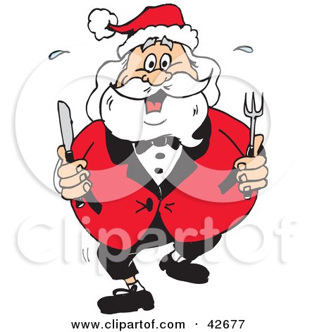 Clipart Illustration of a Hungry Santa Walking Forward With A Fork And Knife by Dennis Holmes Designs