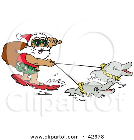 Clipart Illustration of Santa Carrying His Sack While Surfing And Holding Reins To Dolphins by Dennis Holmes Designs