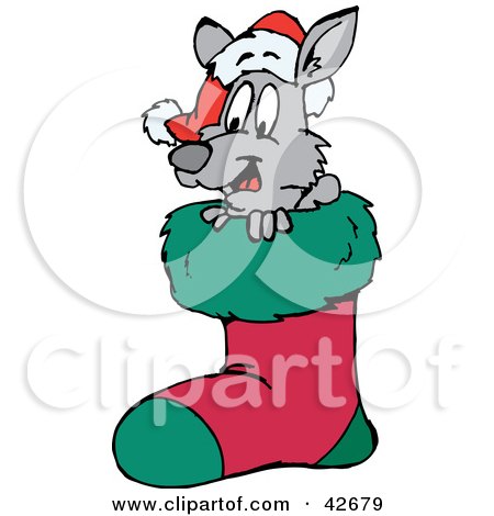 Clipart Illustration of a Kangaroo Wearing A Santa Hat, Peeping Out Of A Christmas Stocking by Dennis Holmes Designs