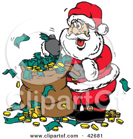 Clipart Illustration of Santa With A Sack Full Of Donated Cash And Coins by Dennis Holmes Designs