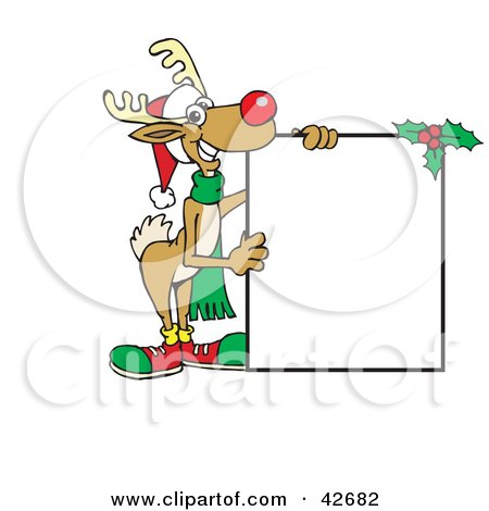Clipart Illustration of a Friendly Red Nosed Reindeer Holding A Blank White Sign by Dennis Holmes Designs