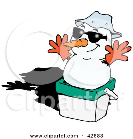Clipart Illustration of a Snowman Wearing Gloves And Resting On An Ice Chest by Dennis Holmes Designs