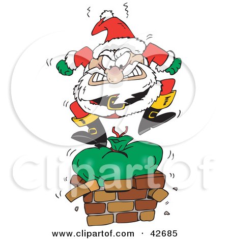 Clipart Illustration of Santa Claus Angrily Stomping On His Toy Sack To Squish It Down The Chimney by Dennis Holmes Designs