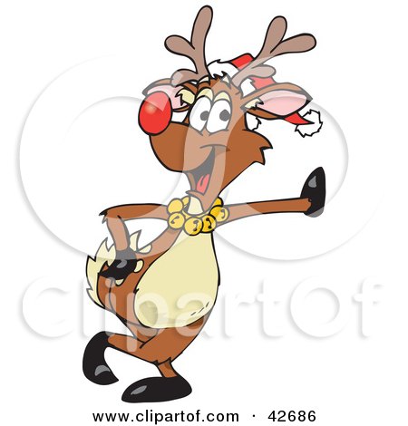 Clipart Illustration of a Festive Red Nosed Reindeer Wearing A Santa Hat And Jingle Bells, Leaning Against A Wall by Dennis Holmes Designs