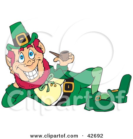 Clipart Illustration of a Jolly Leprechaun Laying On His Side And Smoking A Pipe by Dennis Holmes Designs