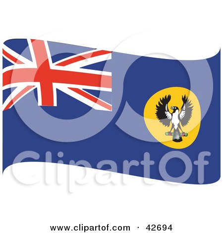 Clipart Illustration of a Blue, Red And White Waving South Australia Flag With A Piping Shrike by Dennis Holmes Designs