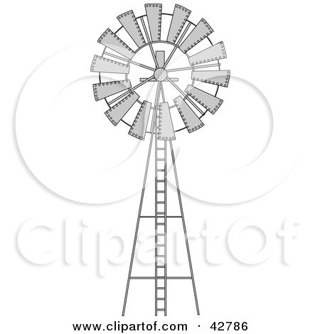 Clipart Illustration of a Black and White Wind Pump by Dennis Holmes Designs