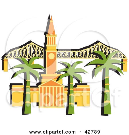 Clipart Illustration of Palm Trees In Front Of The Brisbane City Hall And The Story Bridge In Australia by Dennis Holmes Designs
