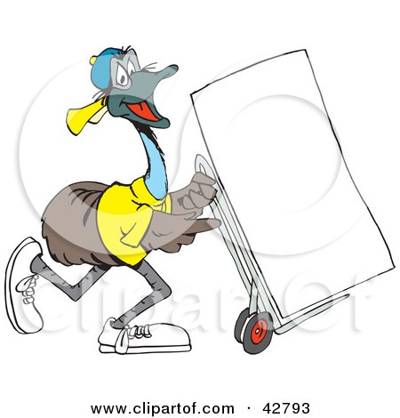 Clipart Illustration of a Happy Emu Using A Dolly To Move A Blank Sign Or A Fridge by Dennis Holmes Designs