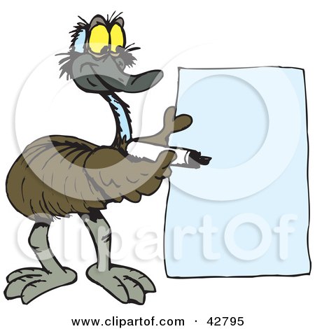Clipart Illustration of a Friendly Emu Holding A Marker And A Blank Sign by Dennis Holmes Designs