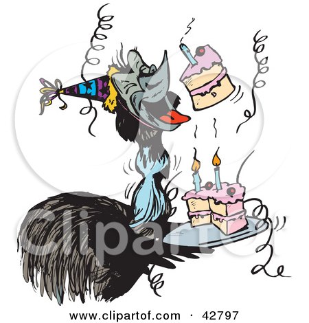 Clipart Illustration of an Emu Bird Singing Happy Birthday And Holding A Cake At A Party by Dennis Holmes Designs
