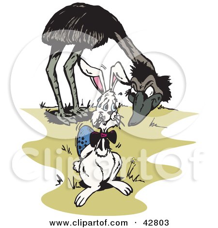 Clipart Illustration of a Mean Emu Staring At A Scared Easter Bunny With An Egg by Dennis Holmes Designs