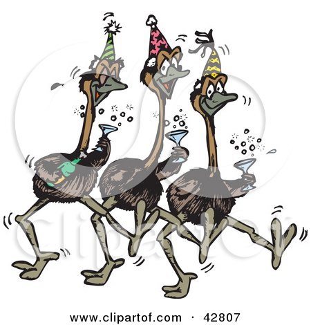 Clipart Illustration of Three Emus Dancing, Drinking Champagne And Wearing Party Hats At A New Years Eve Party by Dennis Holmes Designs