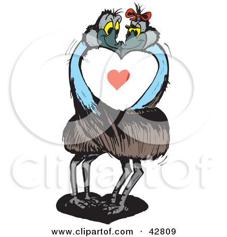 Clipart Illustration of a Passionate Emu Couple Smooching Around A Heart by Dennis Holmes Designs