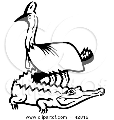 Clipart Illustration of a Black And White Emu Standing Over A Gator by Dennis Holmes Designs