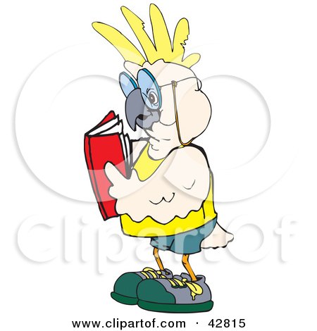 Clipart Illustration of a White And Yellow Cockatoo Bird Reading A Book by Dennis Holmes Designs