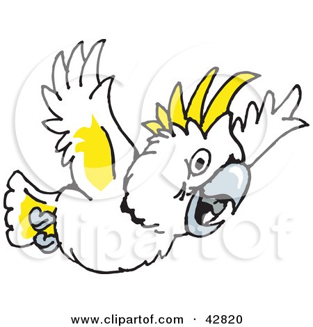 Clipart Illustration of a White And Yellow Cockatoo Bird Flying by Dennis Holmes Designs