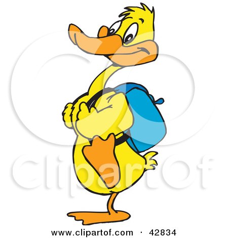 Clipart Illustration of a Yellow Duck Wearing A Backpack And Walking To School by Dennis Holmes Designs