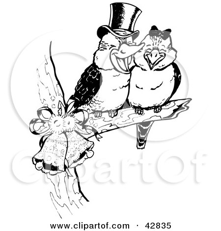 Clipart Illustration of a Sweet Kookaburra Bird Couple Perched On A Branch With Bells by Dennis Holmes Designs