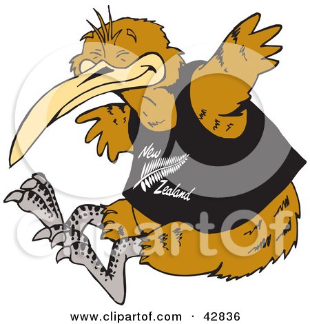 Clipart Illustration of a Brown Kiwi Bird Jumping And Wearing A New Zealand Shirt by Dennis Holmes Designs