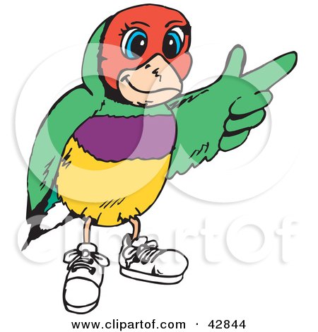 Clipart Illustration of a Gouldian Finch Wearing Shoes And Pointing by Dennis Holmes Designs
