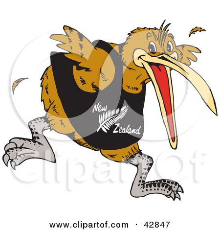 Clipart Illustration of a Brown Kiwi Bird Running Forward And Wearing A New Zealand Shirt by Dennis Holmes Designs