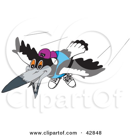 Clipart Illustration of a Flying Magpie Bird Wearing A Shirt, Shoes And Hat by Dennis Holmes Designs