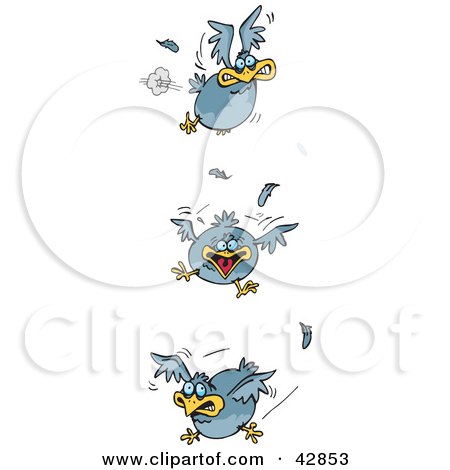 Clipart Illustration of Three Scared Blue Birds Flying by Dennis Holmes Designs