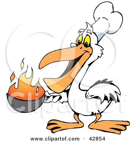 Clipart Illustration of a White Pelican Chef Holding a Flaming Pan by Dennis Holmes Designs