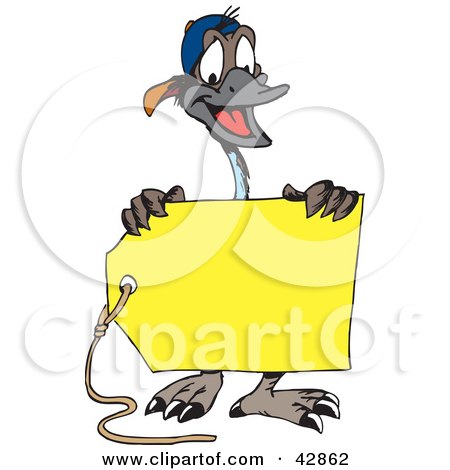 Clipart Illustration of a Happy Emu Holding A Blank Yellow Price Tag by Dennis Holmes Designs