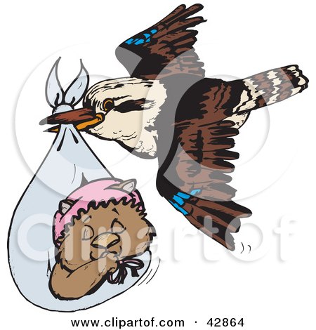 Clipart Illustration of a Kookaburra Bird Delivering A Baby Wombat by Dennis Holmes Designs