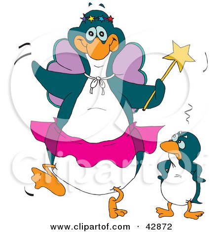 Clipart Illustration of an Embarrassed Penguin Standing Beside A Fairy Godmother by Dennis Holmes Designs