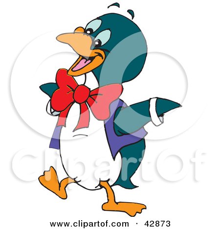 Clipart Illustration of a Happy Penguin Wearing A Vest And Red Bow by Dennis Holmes Designs