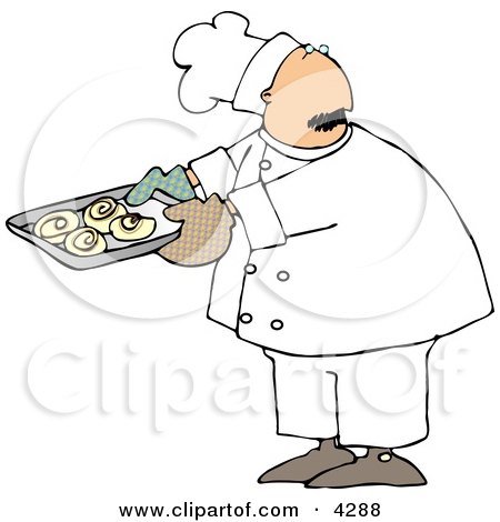 Male Baker Looking Over His Shoulder While Holding a Tray of Raw Cinnamon Rolls Clipart by djart