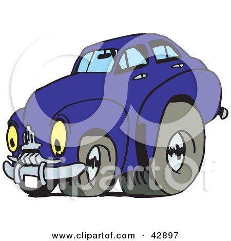 Clipart Illustration of a Vintage Blue Car With Drag Racing Tires by Dennis Holmes Designs